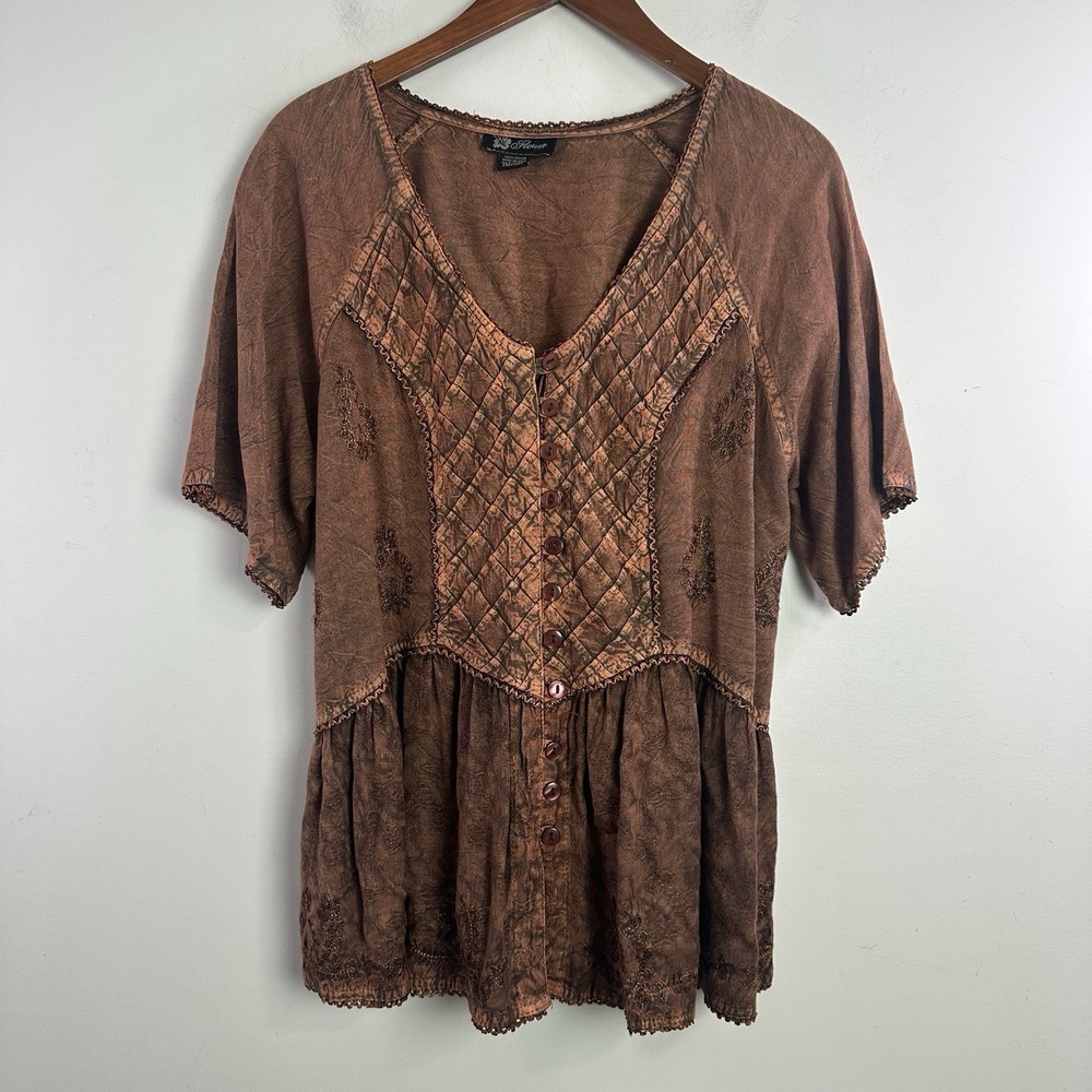 Womens Free Size Brown Embroidered Button Ruffle Earth Fairy Boho Rennaissance